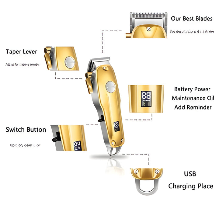 Portable gold cordless hair clipper set for men's professional grooming, electric shaver.