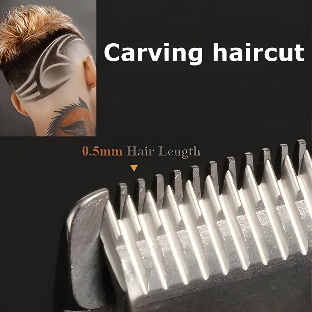 Complete gold cordless hair clipper set for men's professional grooming, haircutting & trimming.