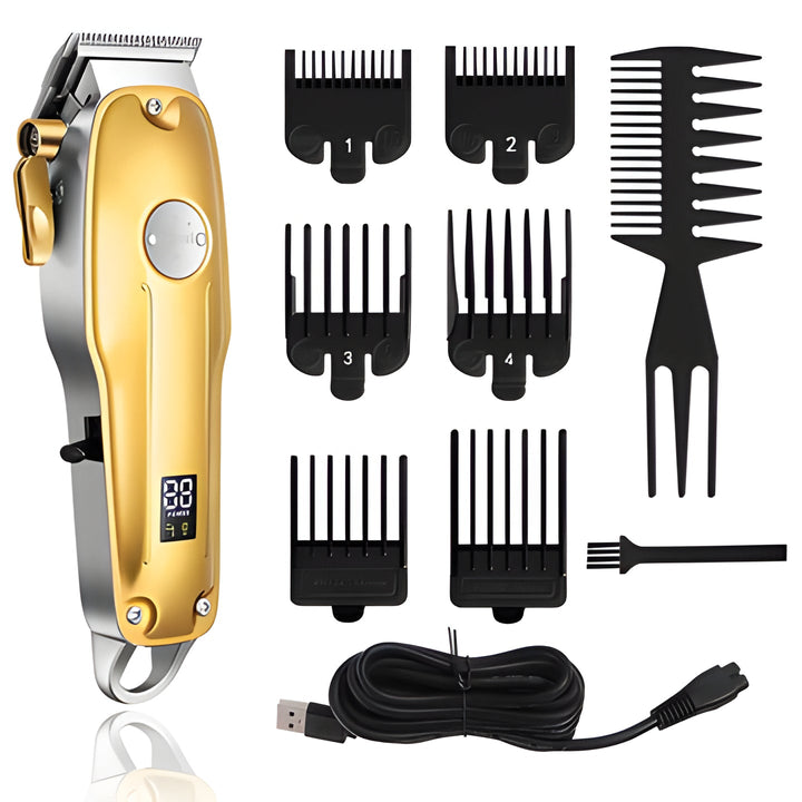 High-performance gold cordless hair clipper for precise men's haircuts, fades & beard trims.