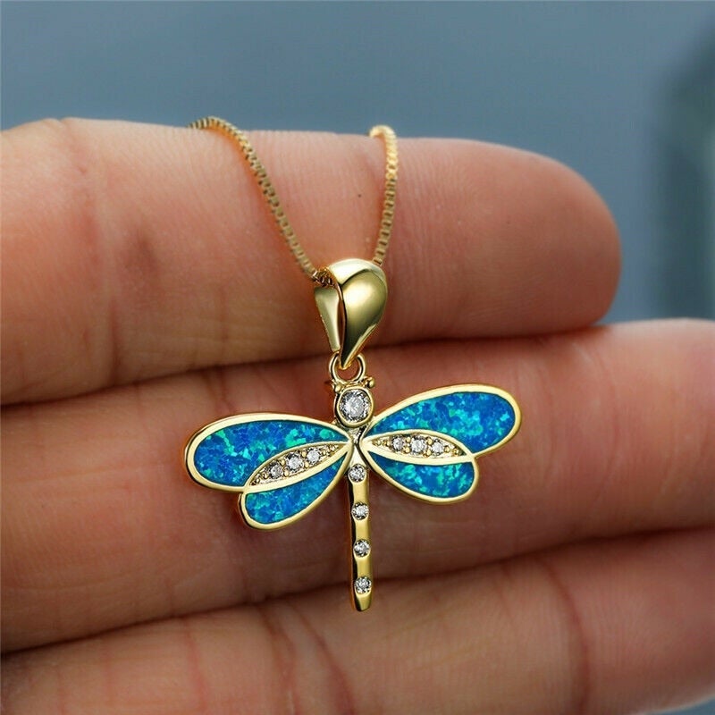 Elegant gold-plated dragonfly necklace with shimmering opal, a fine sterling silver gift for her.