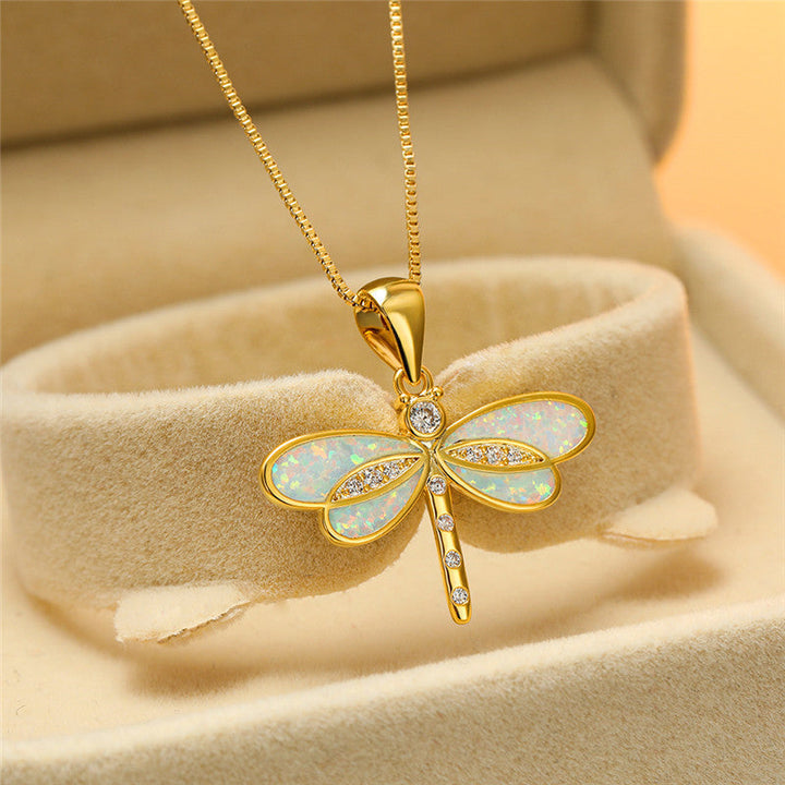 Beautiful women's dragonfly opal pendant necklace, gold-plated sterling silver, a unique nature-inspired gift.