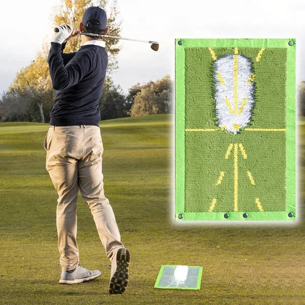 Golf swing detection training mat for instant feedback on divots, improving golfer's swing path & accuracy.