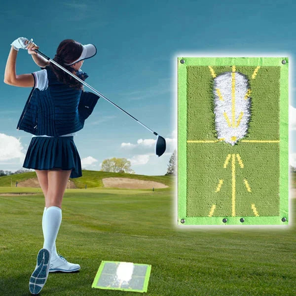 Portable golf swing practice mat showing divot feedback. Perfect indoor/outdoor training aid for golfers.