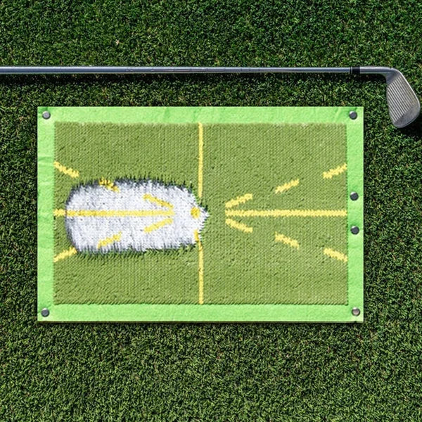 Close-up of a golf training mat with swing detection lines, providing immediate divot feedback for practice.