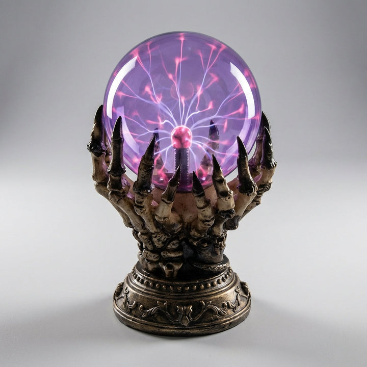 Unique Aetherclaw gothic skeletal hand plasma lamp, ideal for Halloween decor and tabletop accents.