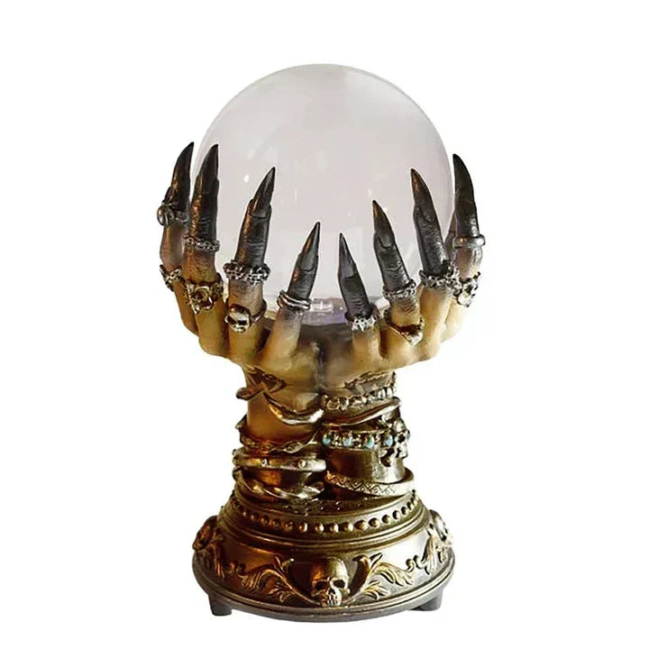 Gothic Aetherclaw plasma lamp: skeletal hand base holding orb, casting atmospheric light suitable for any room.