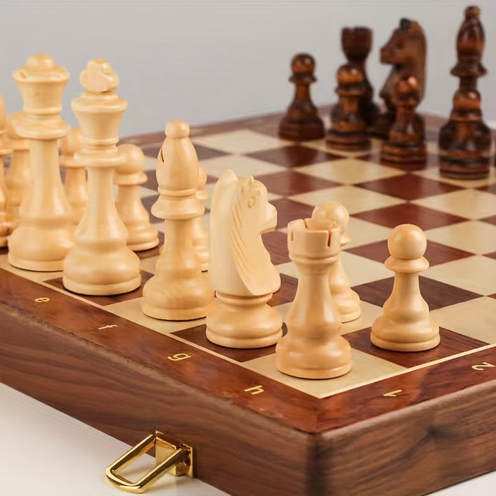 Beautiful wooden chess set in a modern living room, highlighting its luxury and quality