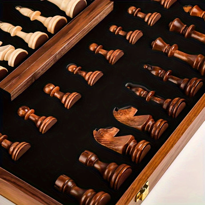 Top-down view of a complete luxury solid wood chess set, ready for an intense strategy game