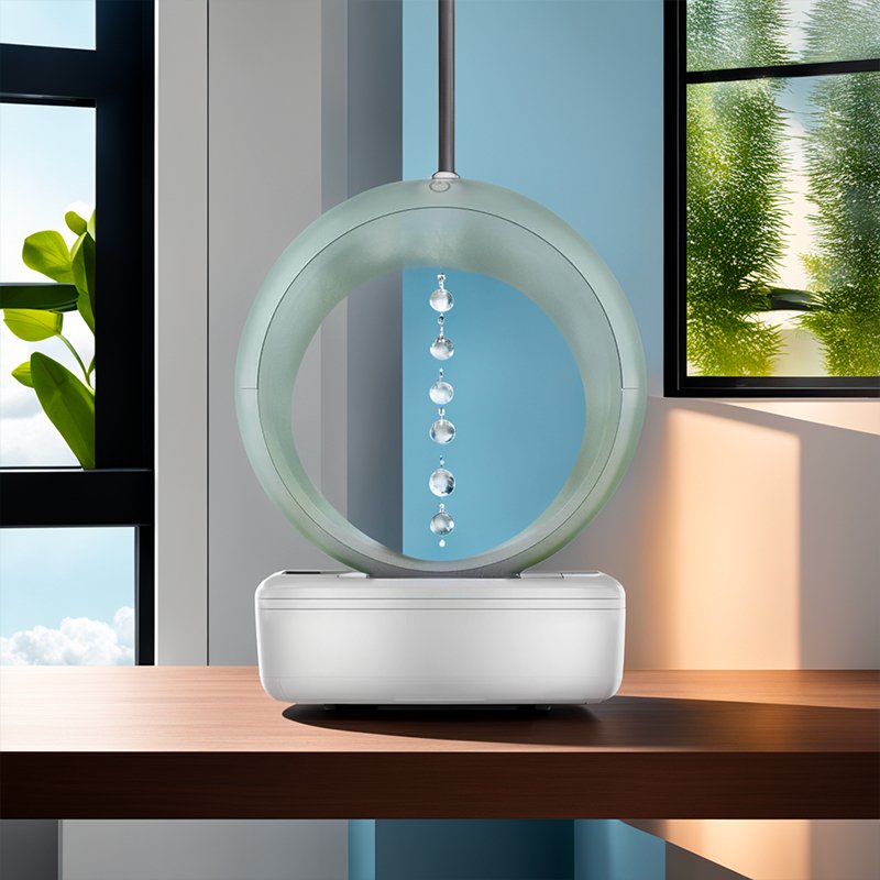 Unique GravityFlow optical illusion humidifier, providing cool mist for air quality improvement & a stylish modern home decor item. USB powered.