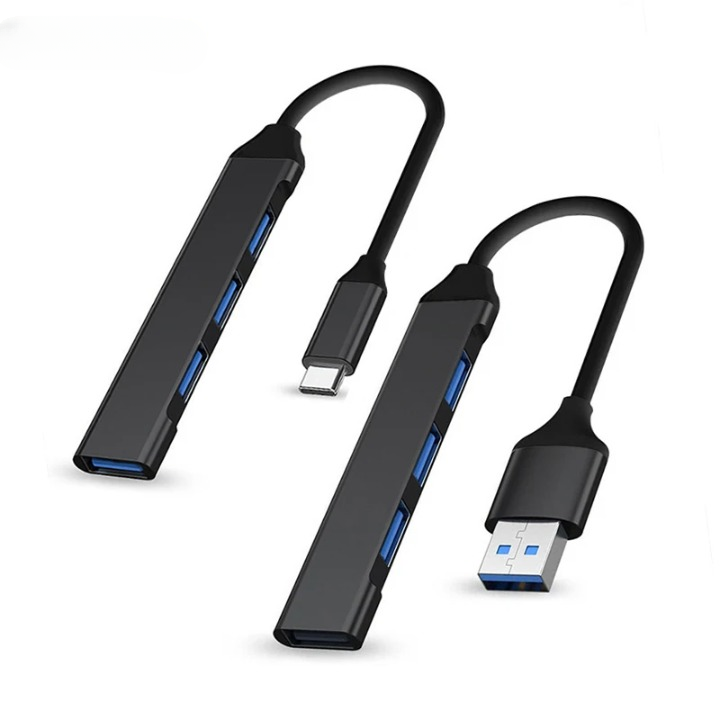 Gray 4-port USB-C and USB-A multiport hub for laptops, high-speed data transfer