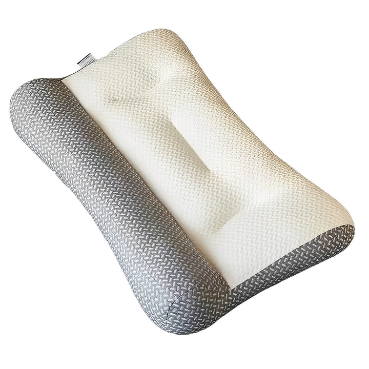 Ergonomic gray neck support pillow, designed for restful sleep. Memory foam cushion provides orthopedic comfort & pain relief.