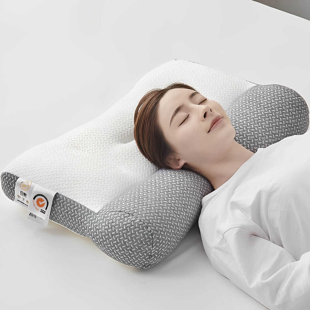 Gray memory foam ergonomic pillow for neck support. Orthopedic cushion for comfortable, pain-free sleep & relaxation.