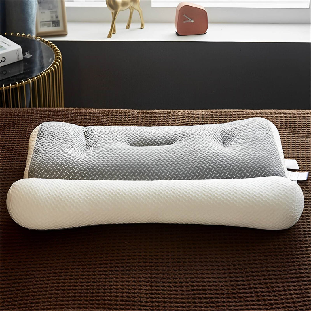 Unisex gray ergonomic neck support pillow. Orthopedic memory foam cushion for comfortable bedding, restful sleep & pain relief.