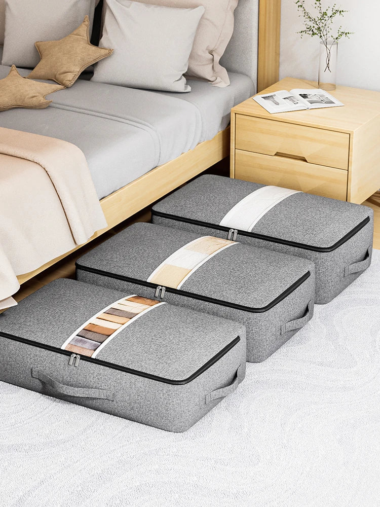 Gray underbed storage bag for home organization. Space-saving solution for bedding & clothing in closets.