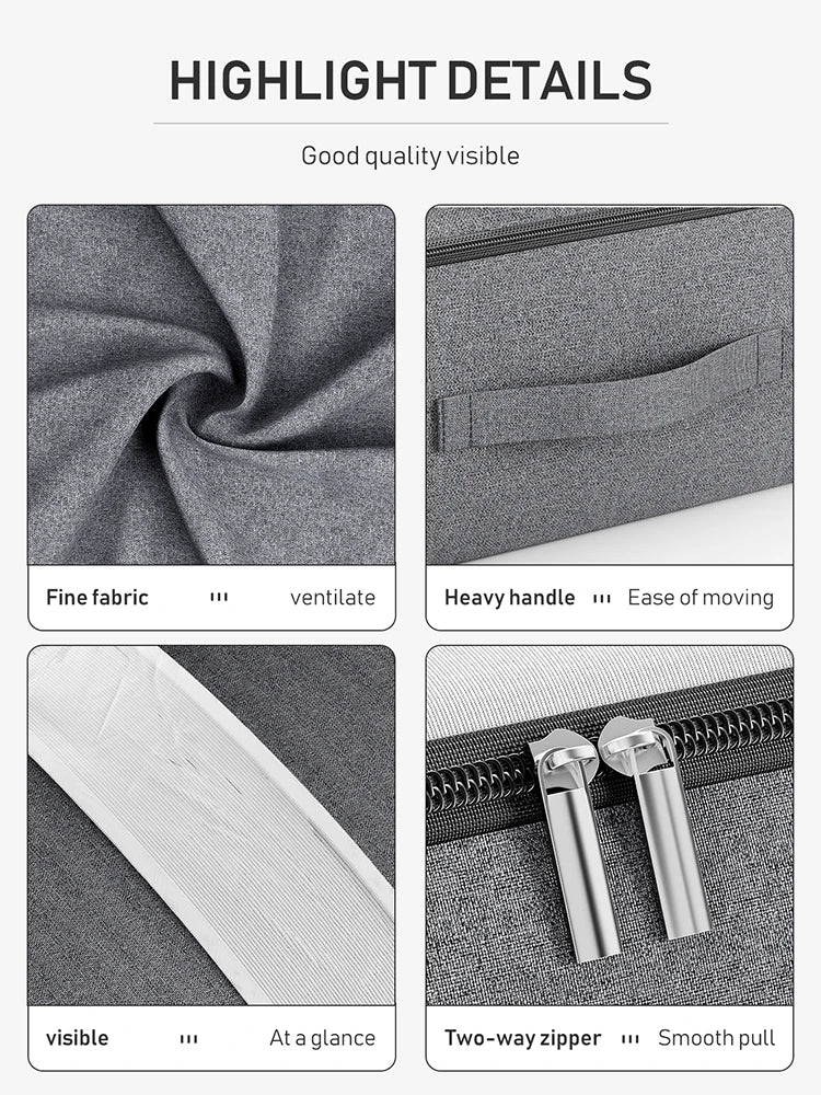Durable gray fabric underbed storage bag for long-term clothing & bedding storage. Dust-proof design.