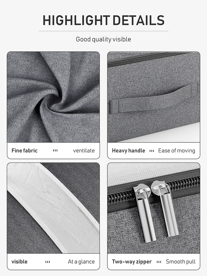 Durable gray fabric underbed storage bag for long-term clothing & bedding storage. Dust-proof design.