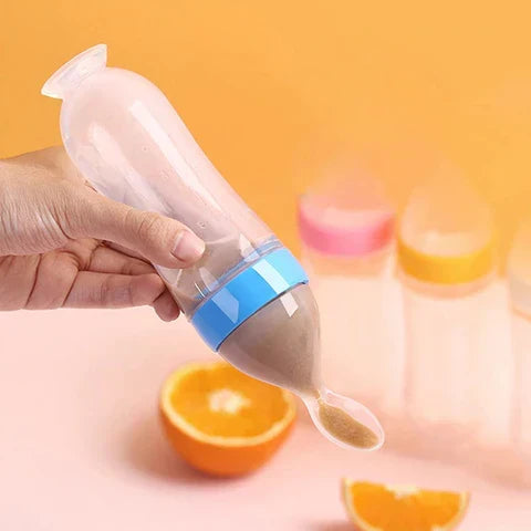 Convenient blue infant feeder spoon bottle, BPA-free, perfect for travel & toddler meals.