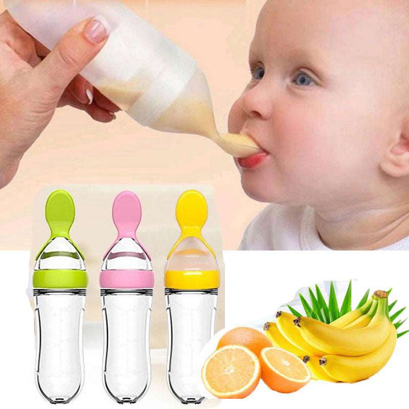 Food-grade silicone baby spoon bottle, green, ideal for mess-free infant puree feeding.