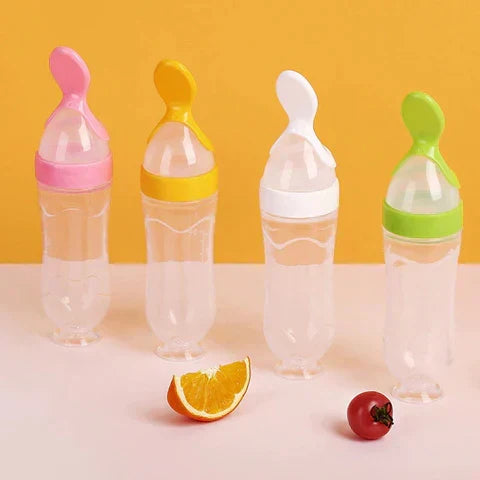 Mess-free baby feeding spoon bottle, blue, for easy infant puree and toddler meals.