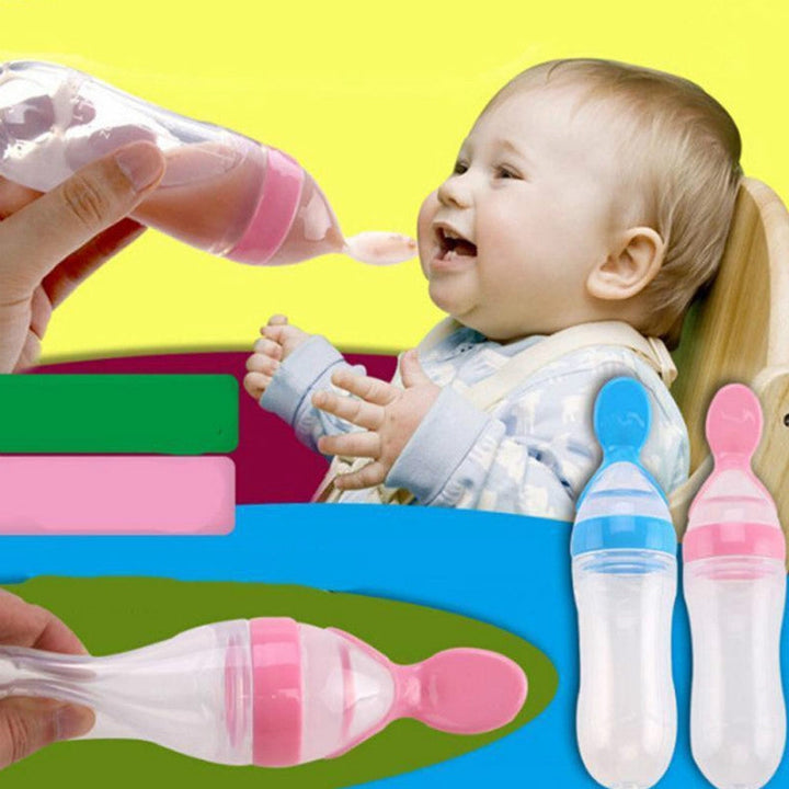Soft silicone tip spoon bottle for baby feeding, green, ensures gentle, convenient meals.