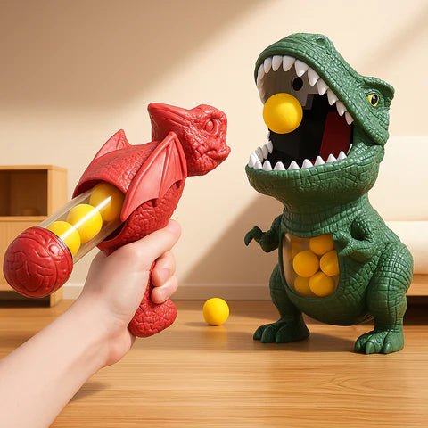 Green dinosaur blaster shooting game for kids with soft foam balls, promoting active play & hand-eye coordination.
