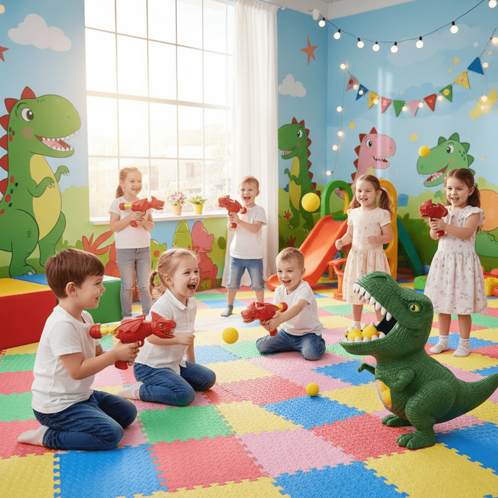 Child enjoying a dinosaur blaster shooting game, aiming soft foam balls at a target for indoor/outdoor fun.