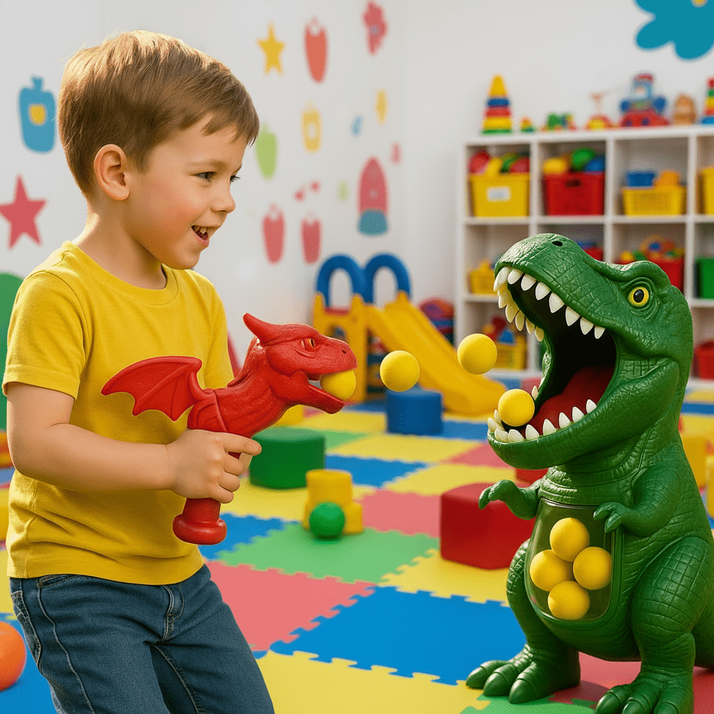 Dinosaur blaster kids toy with colorful soft foam balls, ready for active shooting game fun & hand-eye skill.