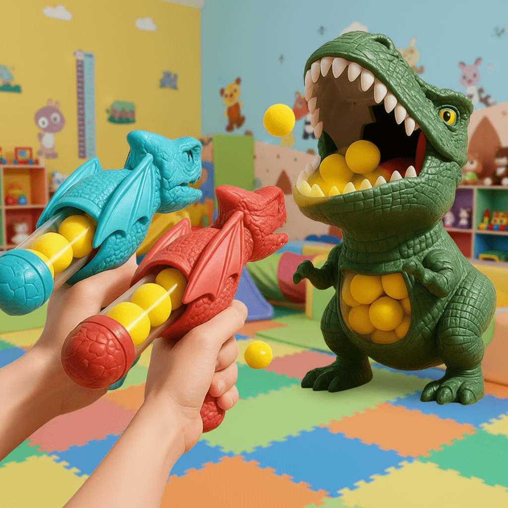 Kids dinosaur blaster game set with soft foam balls & target, great for developing hand-eye coordination.