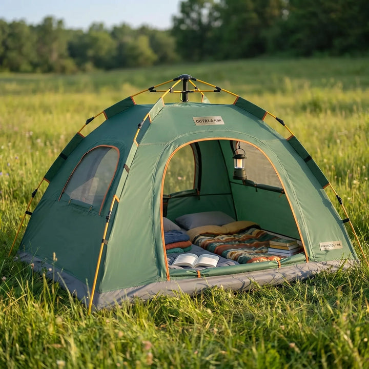 Green instant pop-up camping tent with quick setup feature, perfect for outdoor hiking and adventure trips.