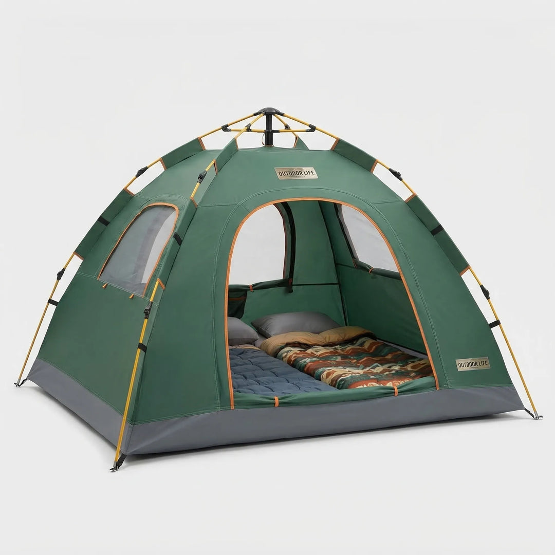 Portable green pop-up camping tent for hiking, featuring waterproof material and easy outdoor setup.