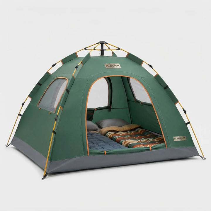 Portable green pop-up camping tent for hiking, featuring waterproof material and easy outdoor setup.