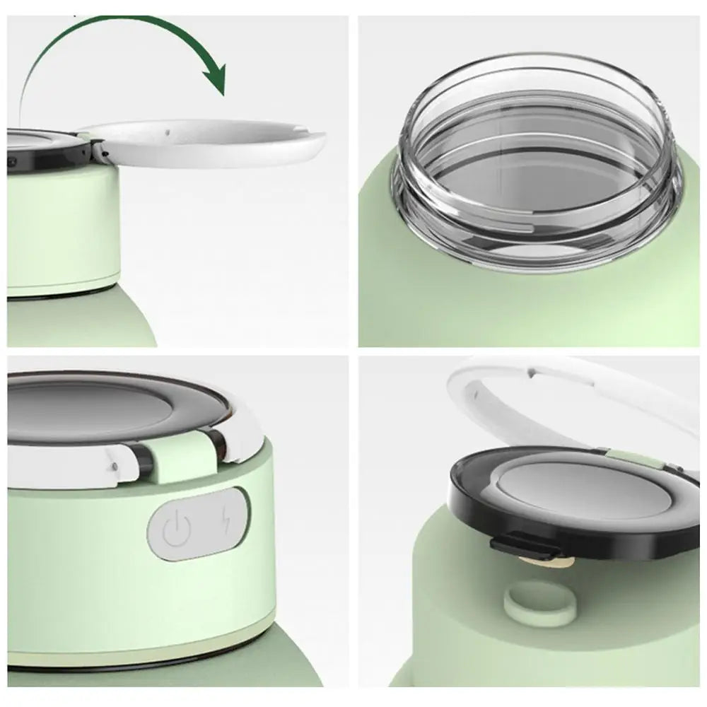 Compact green portable blender, ideal for quick smoothies & juices. USB rechargeable, BPA-free kitchen appliance.