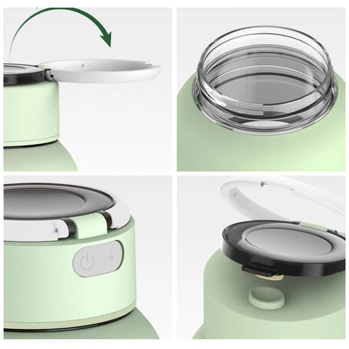 Compact green portable blender, ideal for quick smoothies & juices. USB rechargeable, BPA-free kitchen appliance.