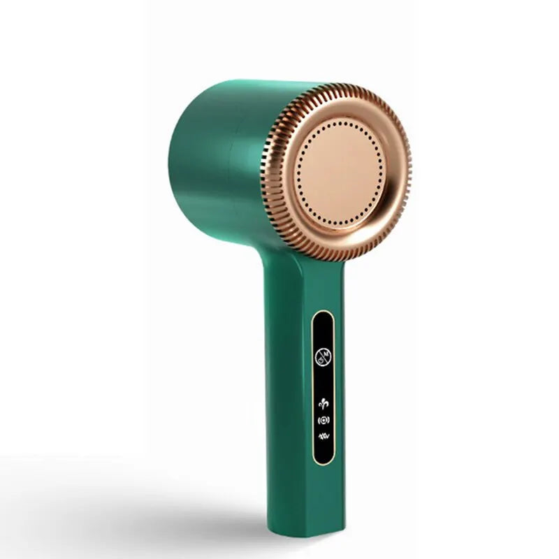 Green USB rechargeable lint remover for clothes. Portable fuzz remover for garment care.