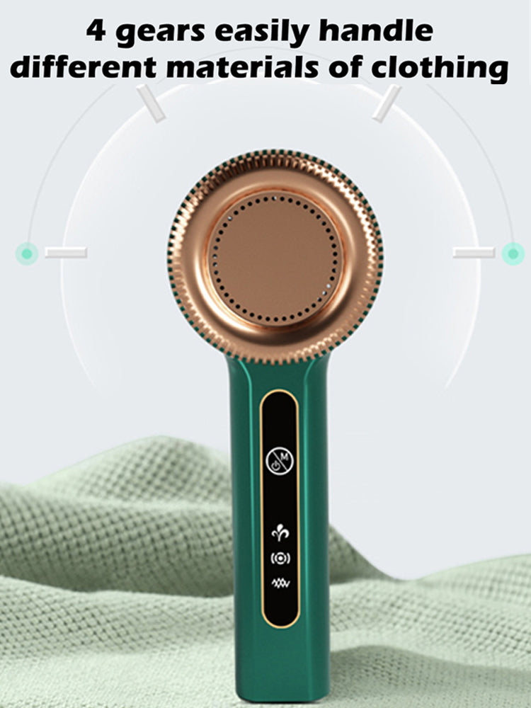 Easy-to-use green portable USB rechargeable lint remover, perfect for quick clothing refreshes.