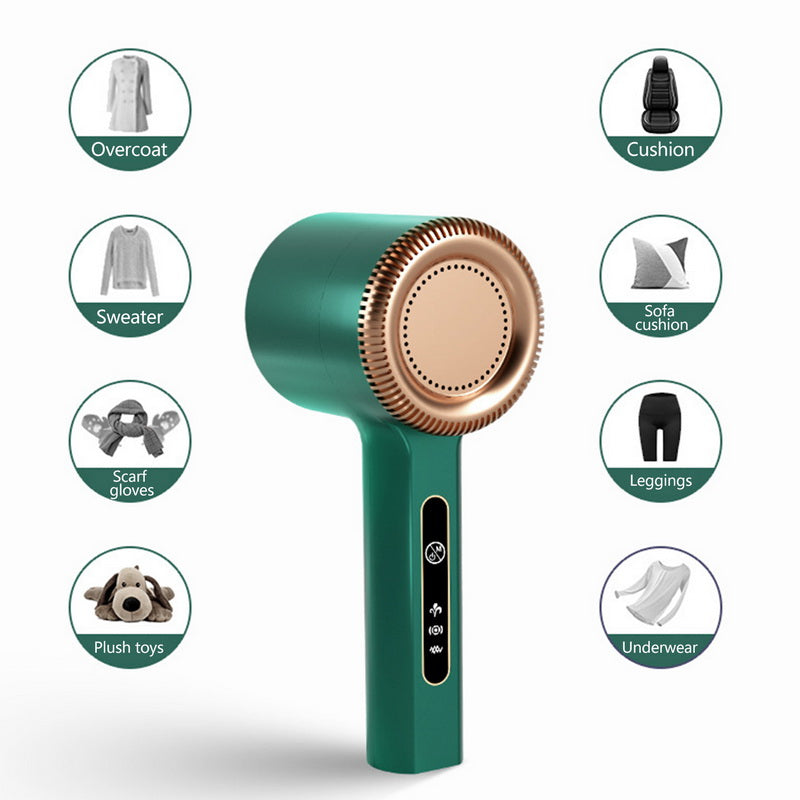 Portable green USB rechargeable lint remover, effective clothes fuzz cleaner for all fabrics.