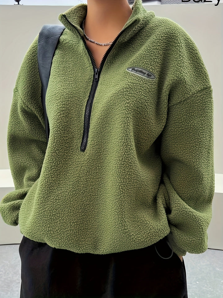 Beige women's casual pullover sweatshirt with a practical zipper, ideal for warmth and daily wear.