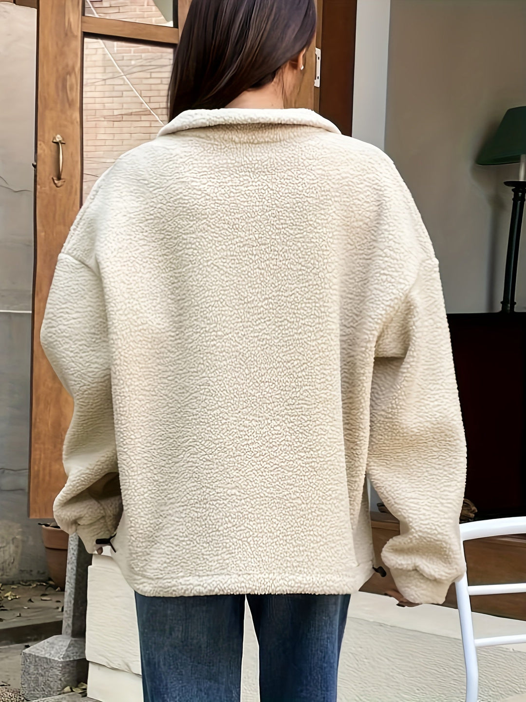 Cozy green women's zipper pullover sweatshirt, a comfortable long-sleeve top for casual style.