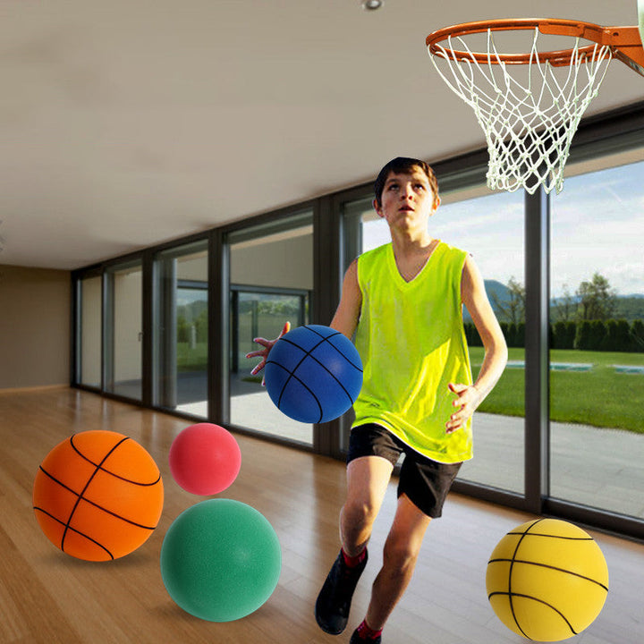 Kids' Silento silent indoor foam basketball, green and yellow, for quiet play