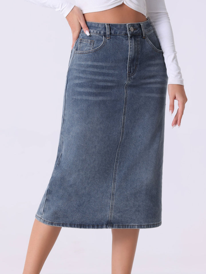 Grey blue high waist midi skirt for women, straight cut with a stylish back slit, perfect for casual wear.