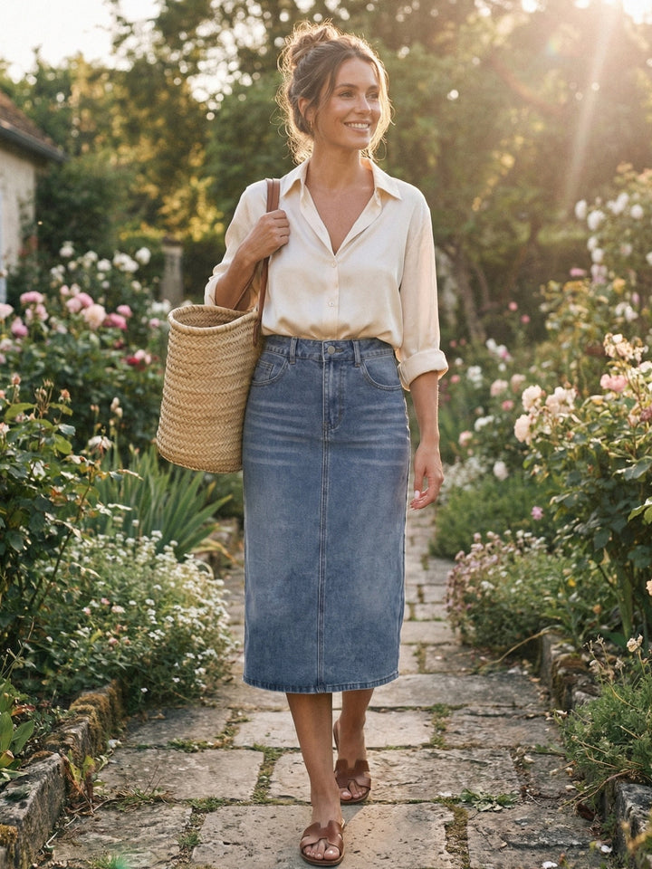 Flattering women's high waist midi skirt in grey blue, a straight cut design with a back slit for everyday style.