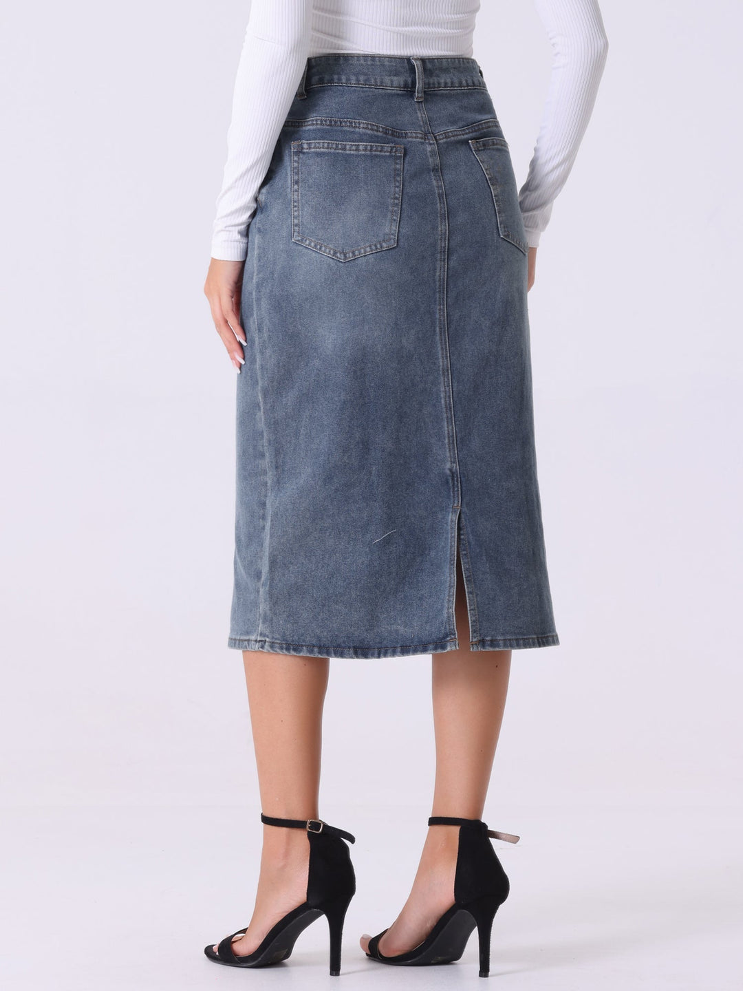 Versatile grey blue midi skirt for women, high waist and straight cut with a chic slit, ideal for casual fashion.