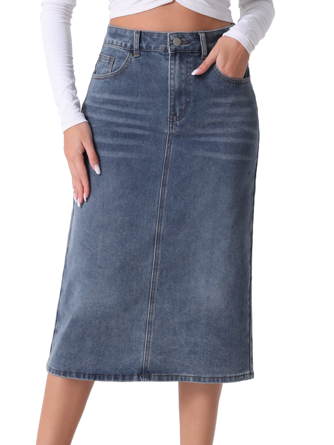 Straight cut women's midi skirt, high waist grey blue with a flattering back slit, versatile for any casual occasion.