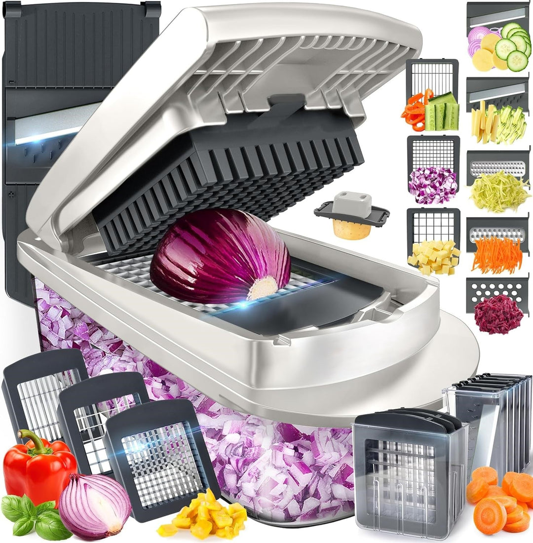 Grey & green 10-in-1 vegetable slicer with 8 blades for versatile food prep