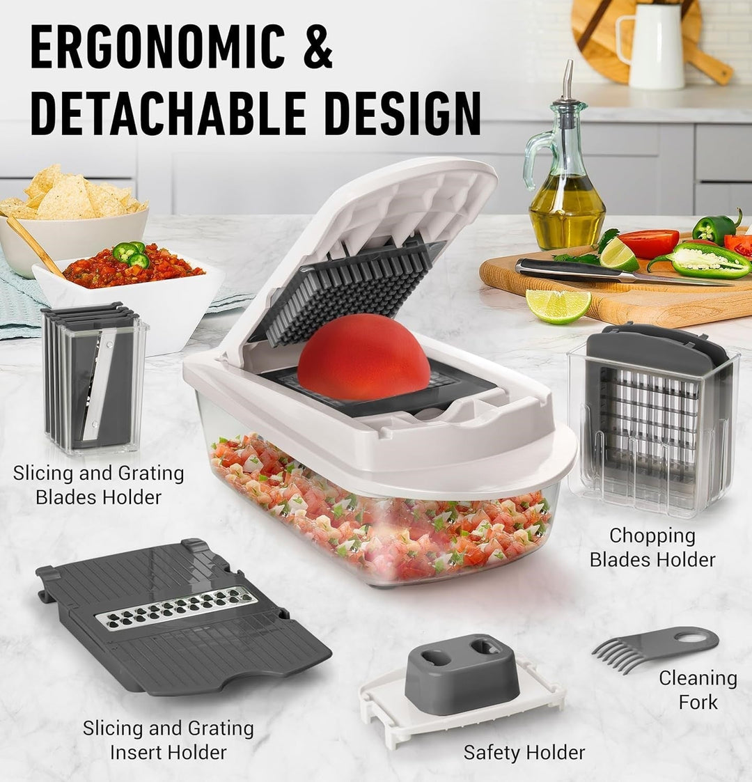 Compact grey food chopper with grater attachments, ideal for kitchen tasks