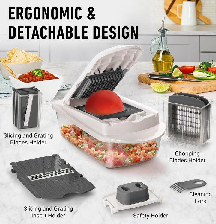 Compact grey food chopper with grater attachments, ideal for kitchen tasks