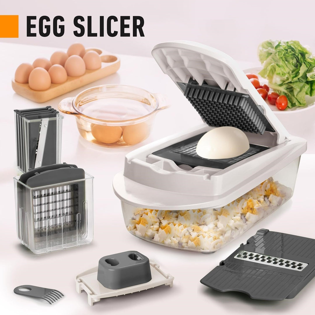 Green 10-in-1 vegetable slicer with eight stainless steel blades for chopping & grating