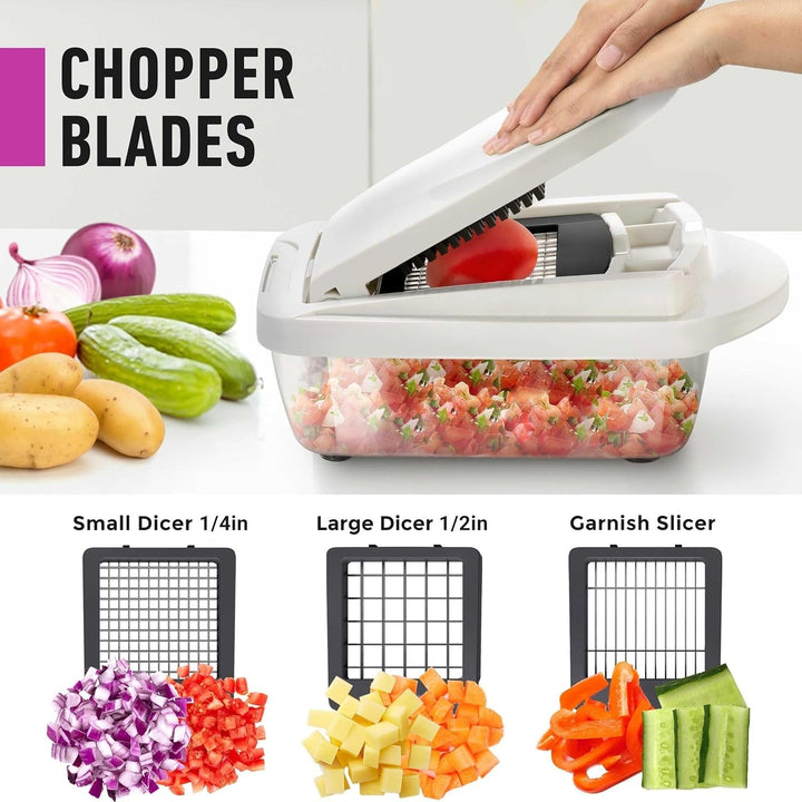 Grey & green multi-blade food prep station for slicing, dicing, and grating vegetables