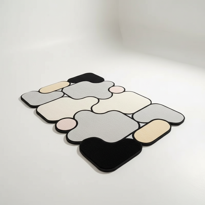 Rectangular padded knitted bath mat on a tile floor, offering absorbent and soft foot comfort.