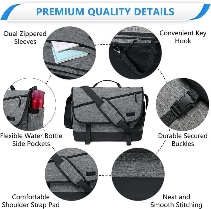 Water-resistant laptop messenger bag with adjustable shoulder strap across a person's body.